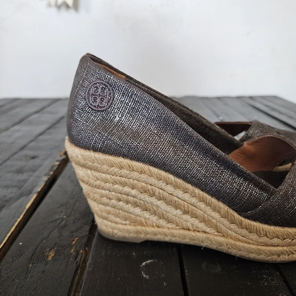 Tory Burch Shimmering Charcoal Grey Espadrille Wedges Peep Toe Heels Women's 7.5